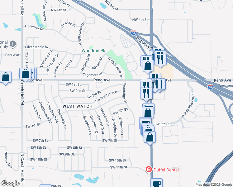map of restaurants, bars, coffee shops, grocery stores, and more near 11616 SW 3rd Terrace in Yukon