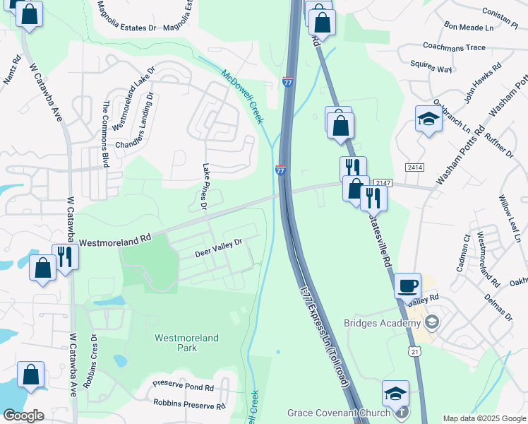 map of restaurants, bars, coffee shops, grocery stores, and more near 9024 Westmoreland Road in Cornelius