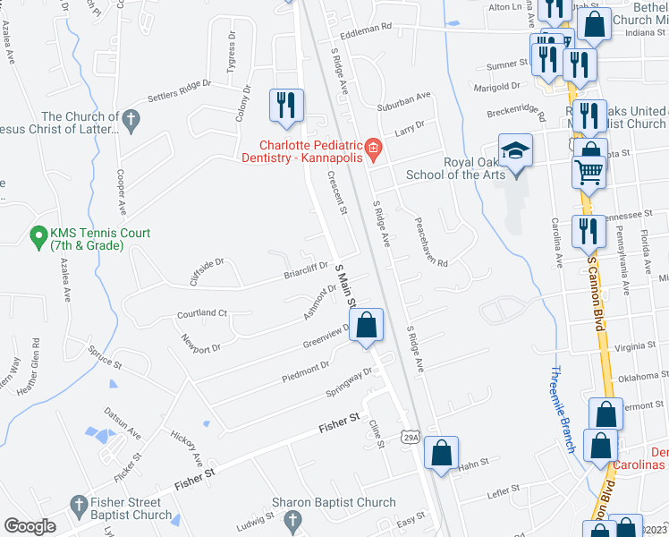map of restaurants, bars, coffee shops, grocery stores, and more near 2200 South Main Street in Kannapolis