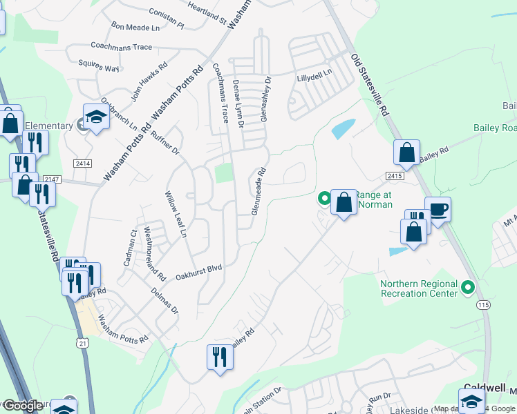 map of restaurants, bars, coffee shops, grocery stores, and more near 10312 Glenmeade Road in Cornelius