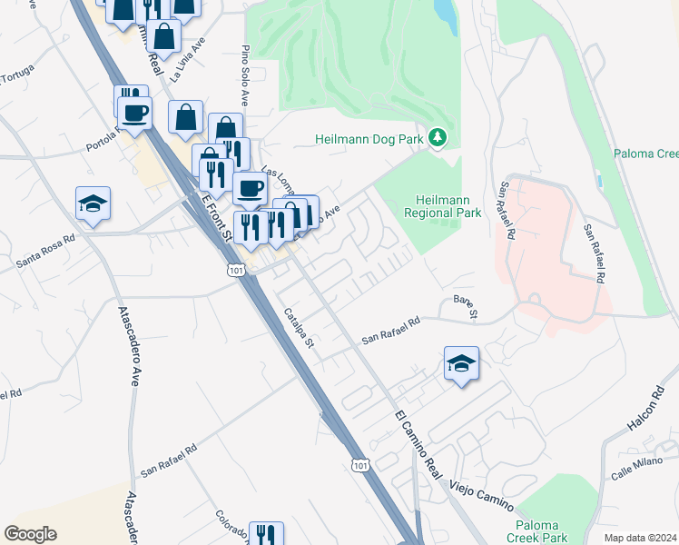 map of restaurants, bars, coffee shops, grocery stores, and more near 10165 El Camino Real in Atascadero