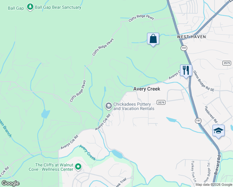 map of restaurants, bars, coffee shops, grocery stores, and more near 131 Avery Creek Road in Arden