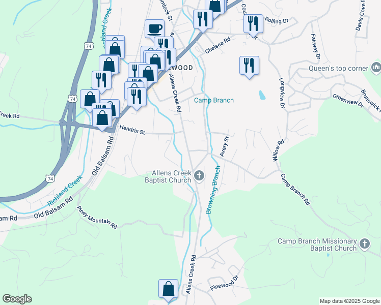 map of restaurants, bars, coffee shops, grocery stores, and more near 415 Allens Creek Road in Waynesville