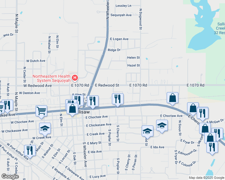 map of restaurants, bars, coffee shops, grocery stores, and more near 514 East Redwood Avenue in Sallisaw
