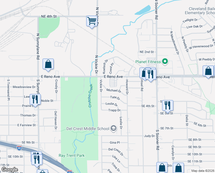 map of restaurants, bars, coffee shops, grocery stores, and more near in Del City