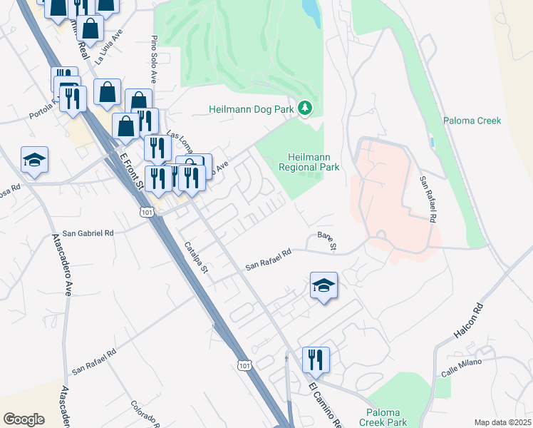 map of restaurants, bars, coffee shops, grocery stores, and more near 15 Bienvenida Court in Atascadero