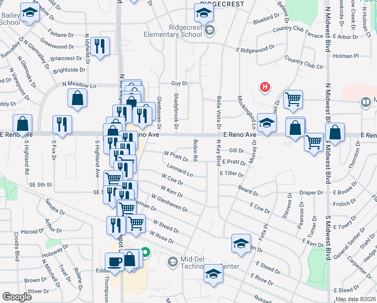 map of restaurants, bars, coffee shops, grocery stores, and more near 212 Byrd Drive in Midwest City