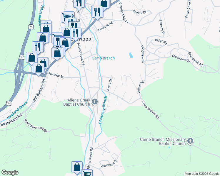 map of restaurants, bars, coffee shops, grocery stores, and more near 40 Avery Street in Waynesville
