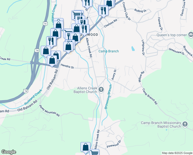 map of restaurants, bars, coffee shops, grocery stores, and more near 415 Allens Creek Road in Waynesville