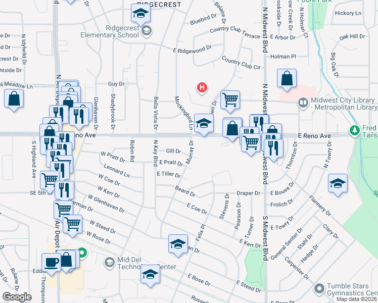 map of restaurants, bars, coffee shops, grocery stores, and more near 2525 Murray Drive in Midwest City