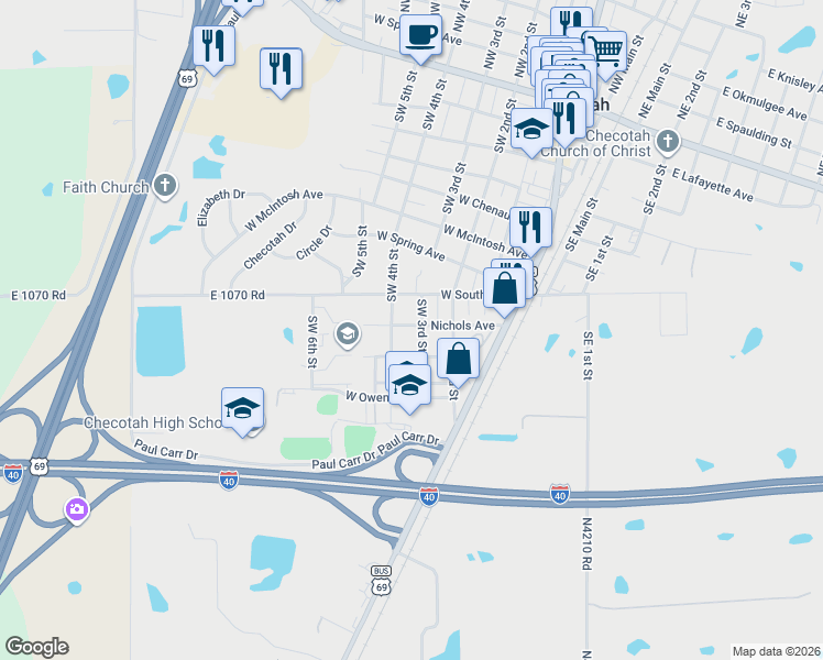 map of restaurants, bars, coffee shops, grocery stores, and more near 602 Nichols Avenue in Checotah