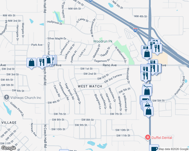 map of restaurants, bars, coffee shops, grocery stores, and more near 11824 SW 2nd St in Yukon