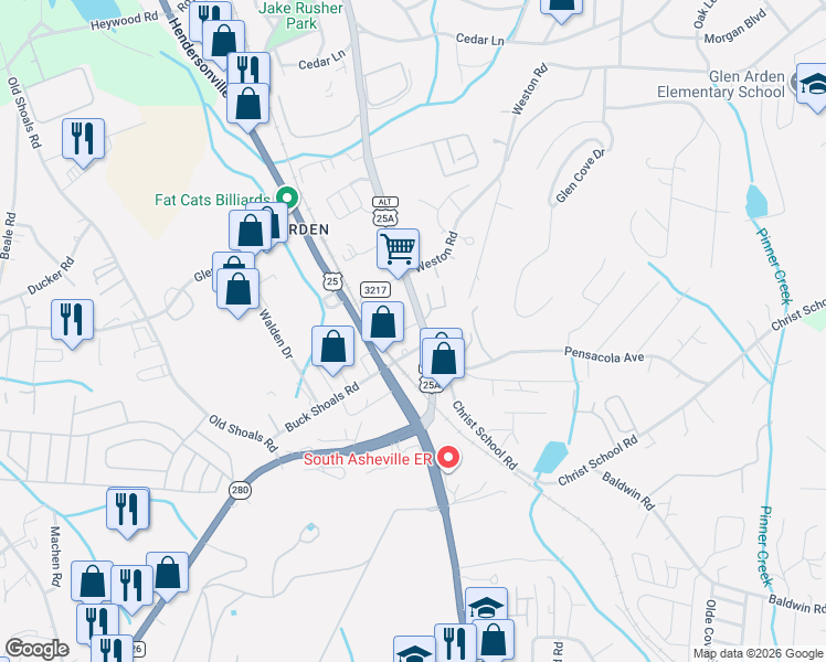 map of restaurants, bars, coffee shops, grocery stores, and more near 3970 Sweeten Creek Road in Arden
