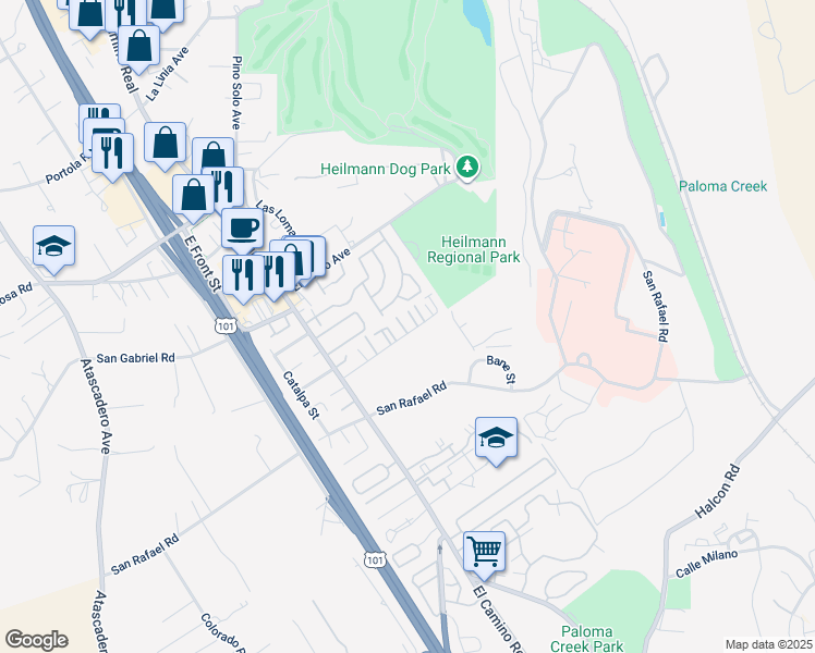 map of restaurants, bars, coffee shops, grocery stores, and more near 15 Bienvenida Court in Atascadero