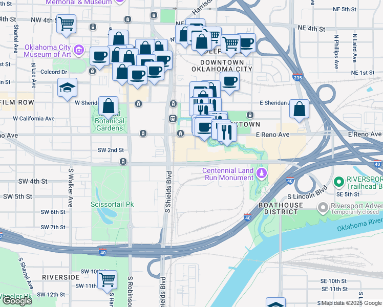 map of restaurants, bars, coffee shops, grocery stores, and more near 100 Southeast 2nd Street in Oklahoma City