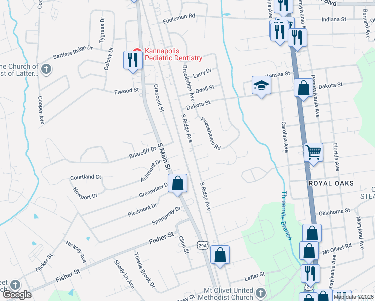 map of restaurants, bars, coffee shops, grocery stores, and more near 2200 South Ridge Avenue in Kannapolis