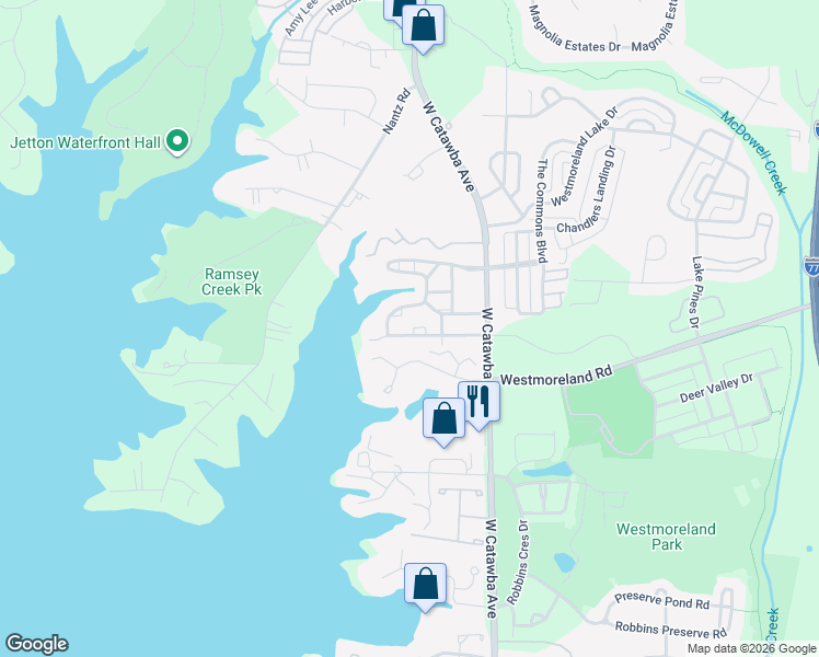 map of restaurants, bars, coffee shops, grocery stores, and more near 19409 Booth Bay Court in Cornelius