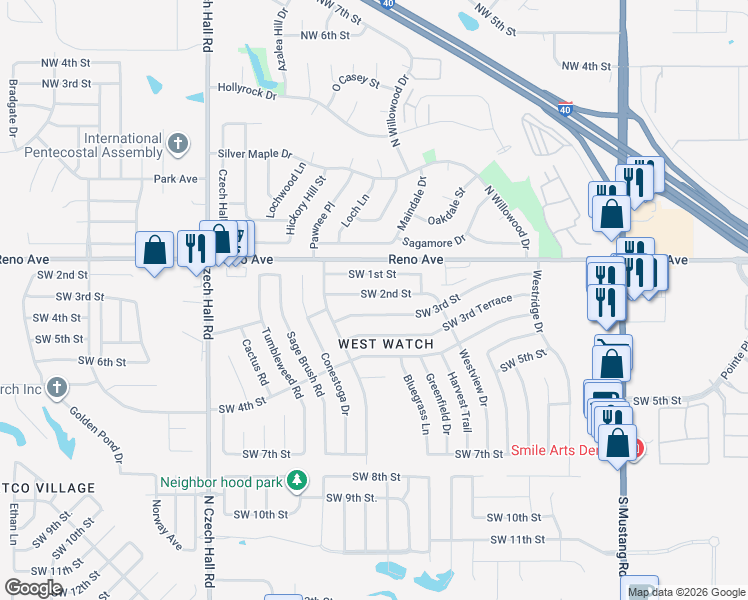 map of restaurants, bars, coffee shops, grocery stores, and more near 11844 Southwest 2nd Street in Yukon