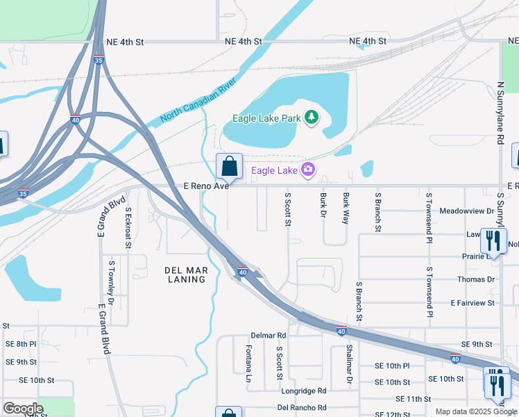 map of restaurants, bars, coffee shops, grocery stores, and more near 26 Eastbrook Drive in Oklahoma City