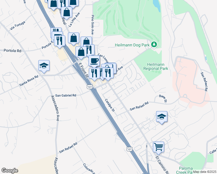 map of restaurants, bars, coffee shops, grocery stores, and more near 9190 Tiburon Circle in Atascadero