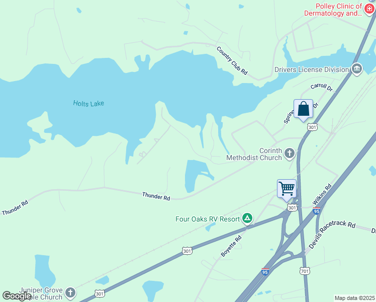 map of restaurants, bars, coffee shops, grocery stores, and more near 305 Skinner Road in Four Oaks