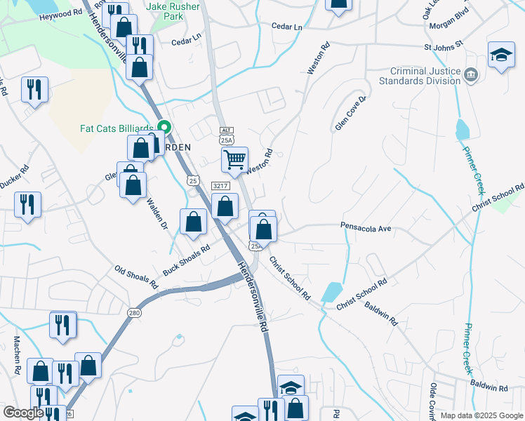 map of restaurants, bars, coffee shops, grocery stores, and more near 3970 Sweeten Creek Road in Arden