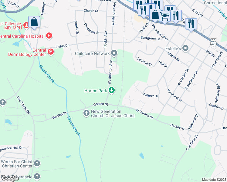 map of restaurants, bars, coffee shops, grocery stores, and more near 1599 Washington Avenue in Sanford