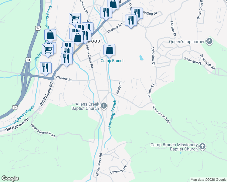 map of restaurants, bars, coffee shops, grocery stores, and more near 444 Browning Road in Waynesville