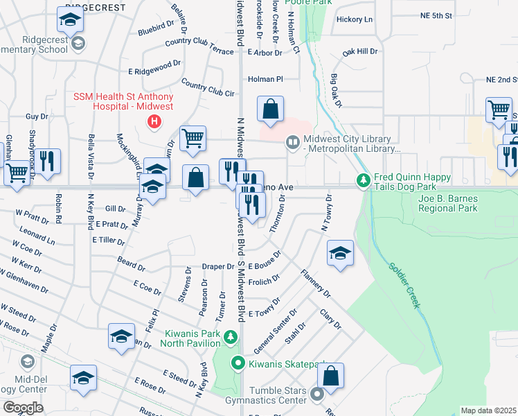 map of restaurants, bars, coffee shops, grocery stores, and more near 2503 Coachlight Drive in Oklahoma City