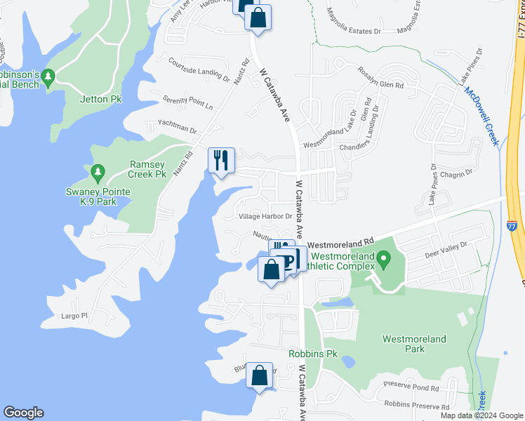 map of restaurants, bars, coffee shops, grocery stores, and more near 19437 Booth Bay Court in Cornelius