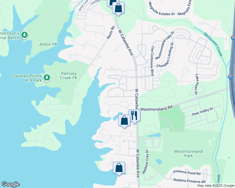 map of restaurants, bars, coffee shops, grocery stores, and more near 19400 Booth Bay Court in Cornelius