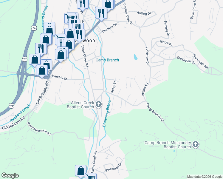 map of restaurants, bars, coffee shops, grocery stores, and more near 40 Avery Street in Waynesville