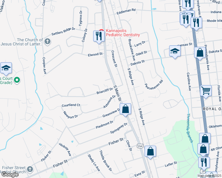 map of restaurants, bars, coffee shops, grocery stores, and more near 109 Briarcliff Drive in Kannapolis