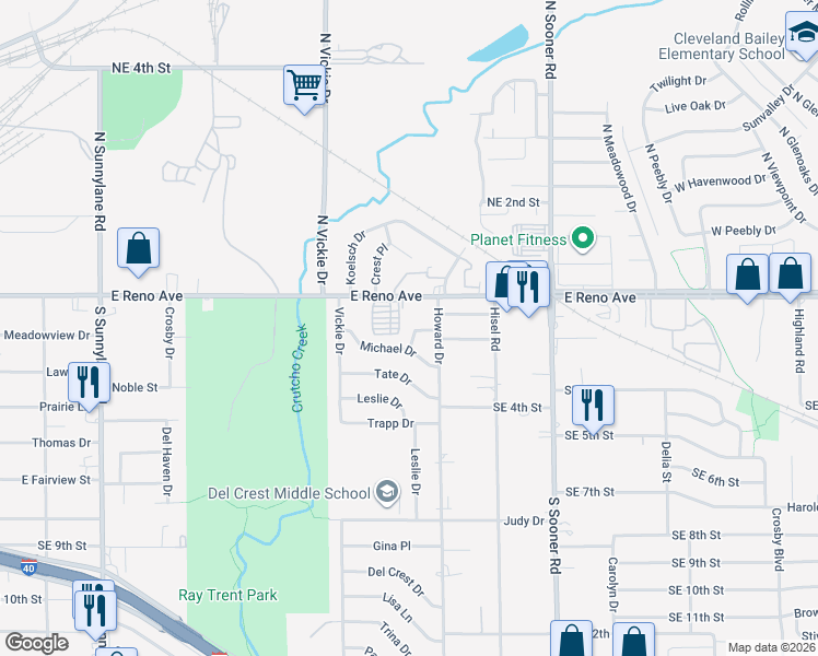 map of restaurants, bars, coffee shops, grocery stores, and more near 4815 Michael Place in Del City