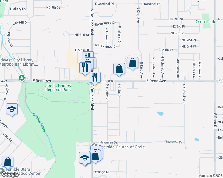 map of restaurants, bars, coffee shops, grocery stores, and more near 207 Village Oaks Drive in Midwest City