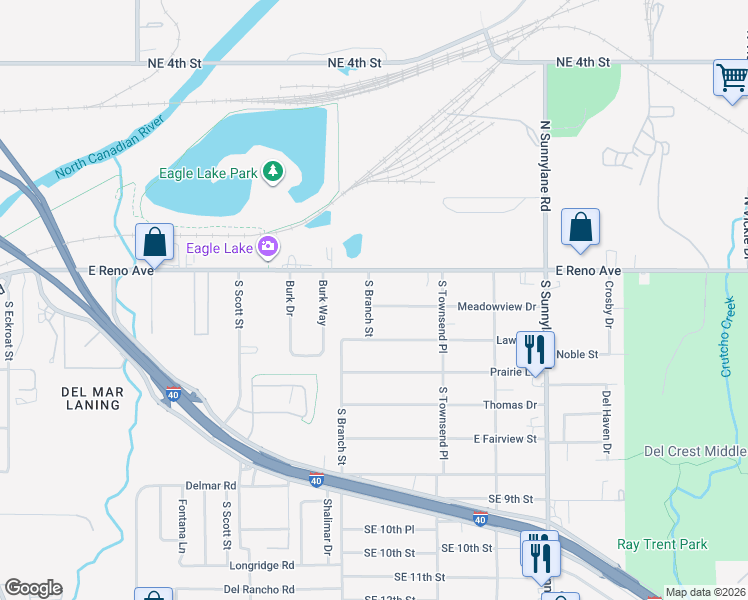 map of restaurants, bars, coffee shops, grocery stores, and more near 3901 Meadowview Drive in Del City
