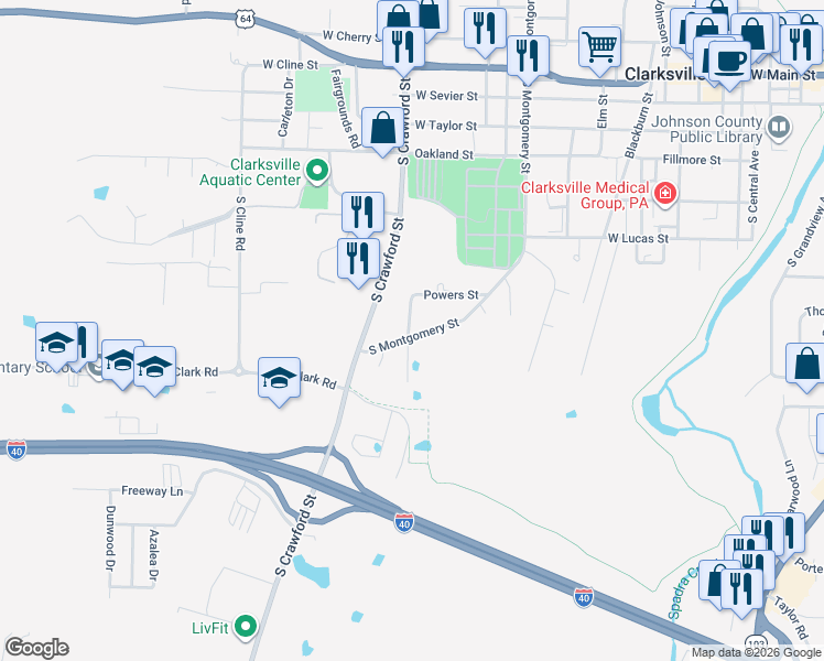 map of restaurants, bars, coffee shops, grocery stores, and more near 828 South Montgomery Street in Clarksville