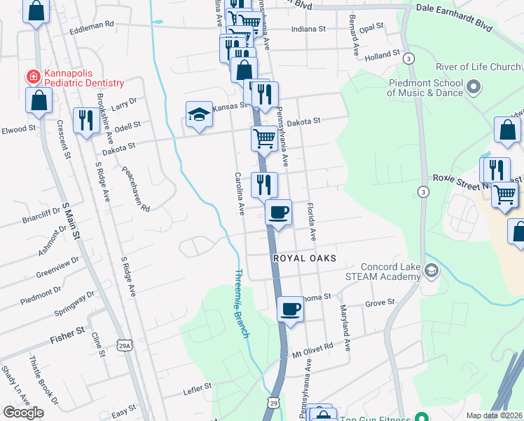 map of restaurants, bars, coffee shops, grocery stores, and more near 2300 South Cannon Boulevard in Kannapolis
