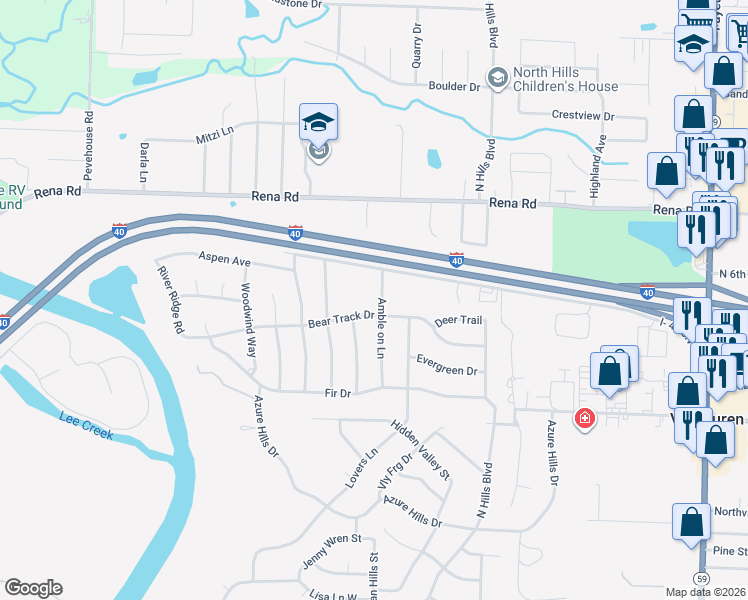 map of restaurants, bars, coffee shops, grocery stores, and more near 1713 Amble on Lane in Van Buren