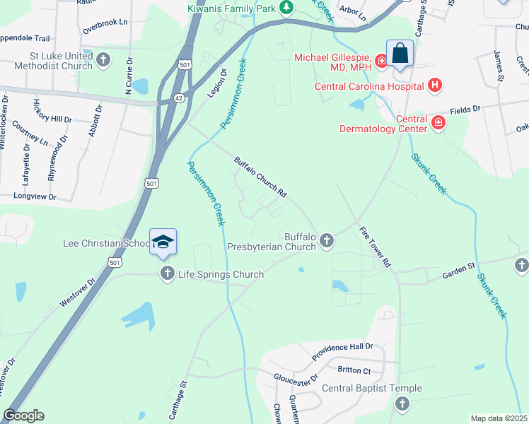 map of restaurants, bars, coffee shops, grocery stores, and more near 2519 Buffalo Church Road in Sanford