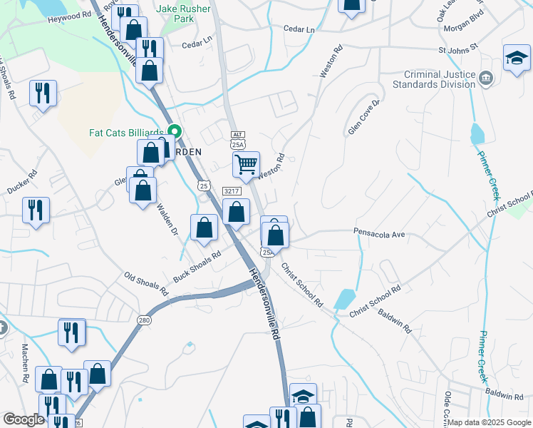 map of restaurants, bars, coffee shops, grocery stores, and more near 3970 Sweeten Creek Road in Arden