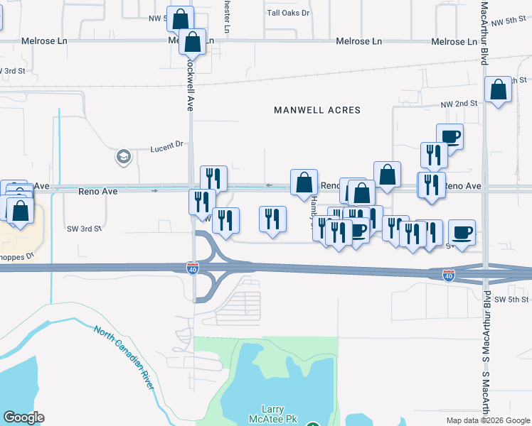 map of restaurants, bars, coffee shops, grocery stores, and more near 6800 West Reno Avenue in Oklahoma City