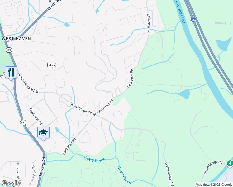 map of restaurants, bars, coffee shops, grocery stores, and more near 221 Ledbetter Road in Arden