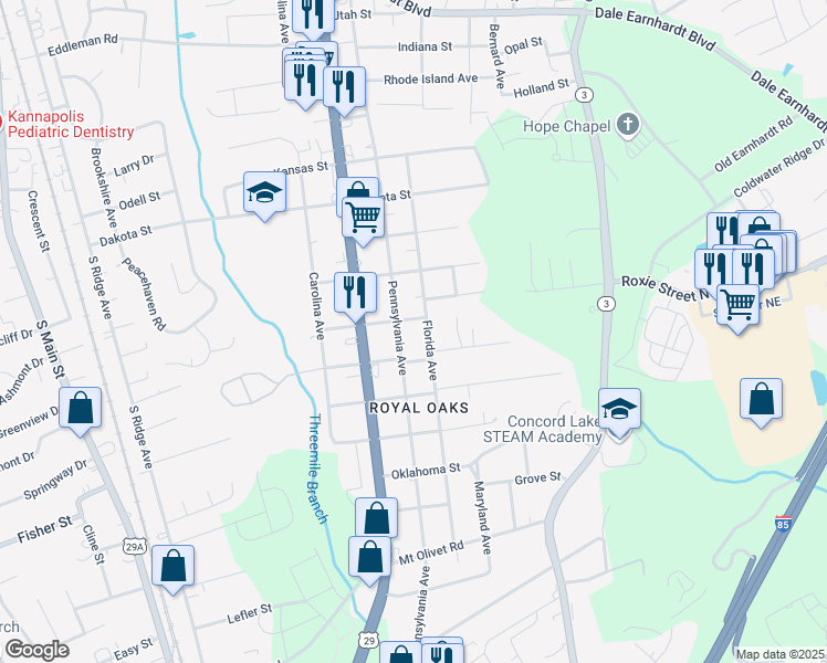 map of restaurants, bars, coffee shops, grocery stores, and more near 2301 Pennsylvania Avenue in Kannapolis