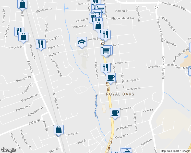 map of restaurants, bars, coffee shops, grocery stores, and more near 2300 Carolina Avenue in Kannapolis