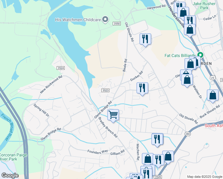 map of restaurants, bars, coffee shops, grocery stores, and more near 71 Ducker Road in Arden