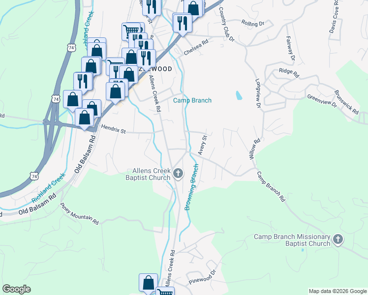 map of restaurants, bars, coffee shops, grocery stores, and more near 444 Browning Road in Waynesville