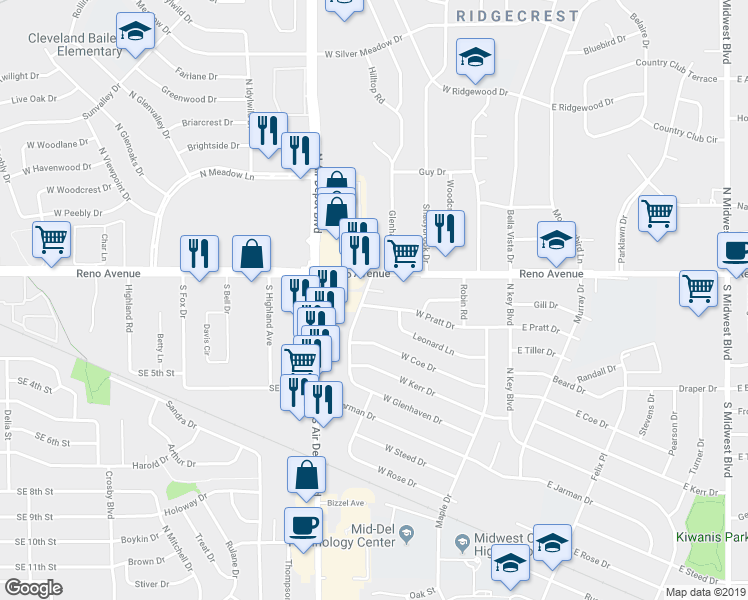 map of restaurants, bars, coffee shops, grocery stores, and more near 2600 Glenhaven Drive in Midwest City