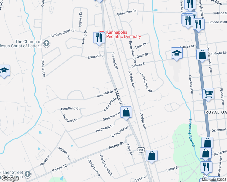 map of restaurants, bars, coffee shops, grocery stores, and more near 105 Briarcliff Drive in Kannapolis