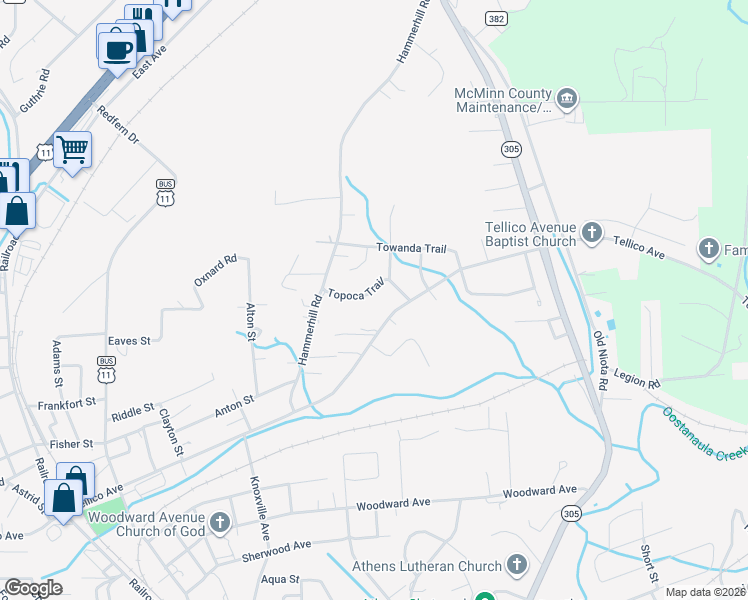 map of restaurants, bars, coffee shops, grocery stores, and more near 823 Topoca Trail in Athens